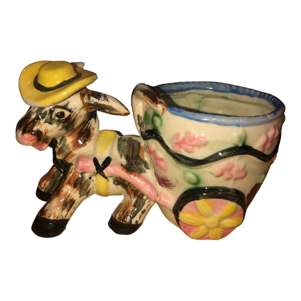 Vintage 1950’s Planter Donkey Pulling Cart Hand Painted Made in Japan